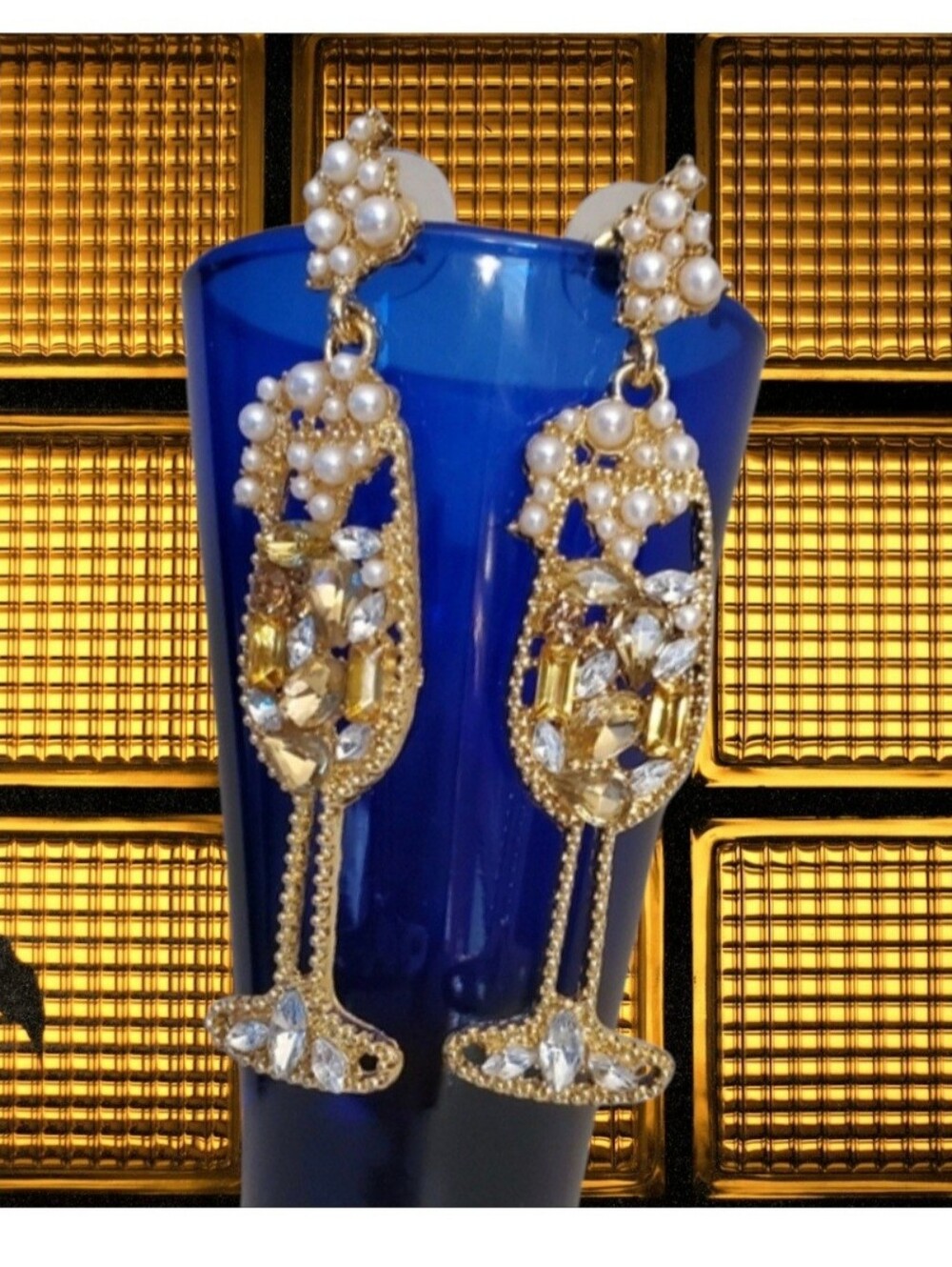 Gold Wine Champagne Glass Jeweled Bubbly Earrings